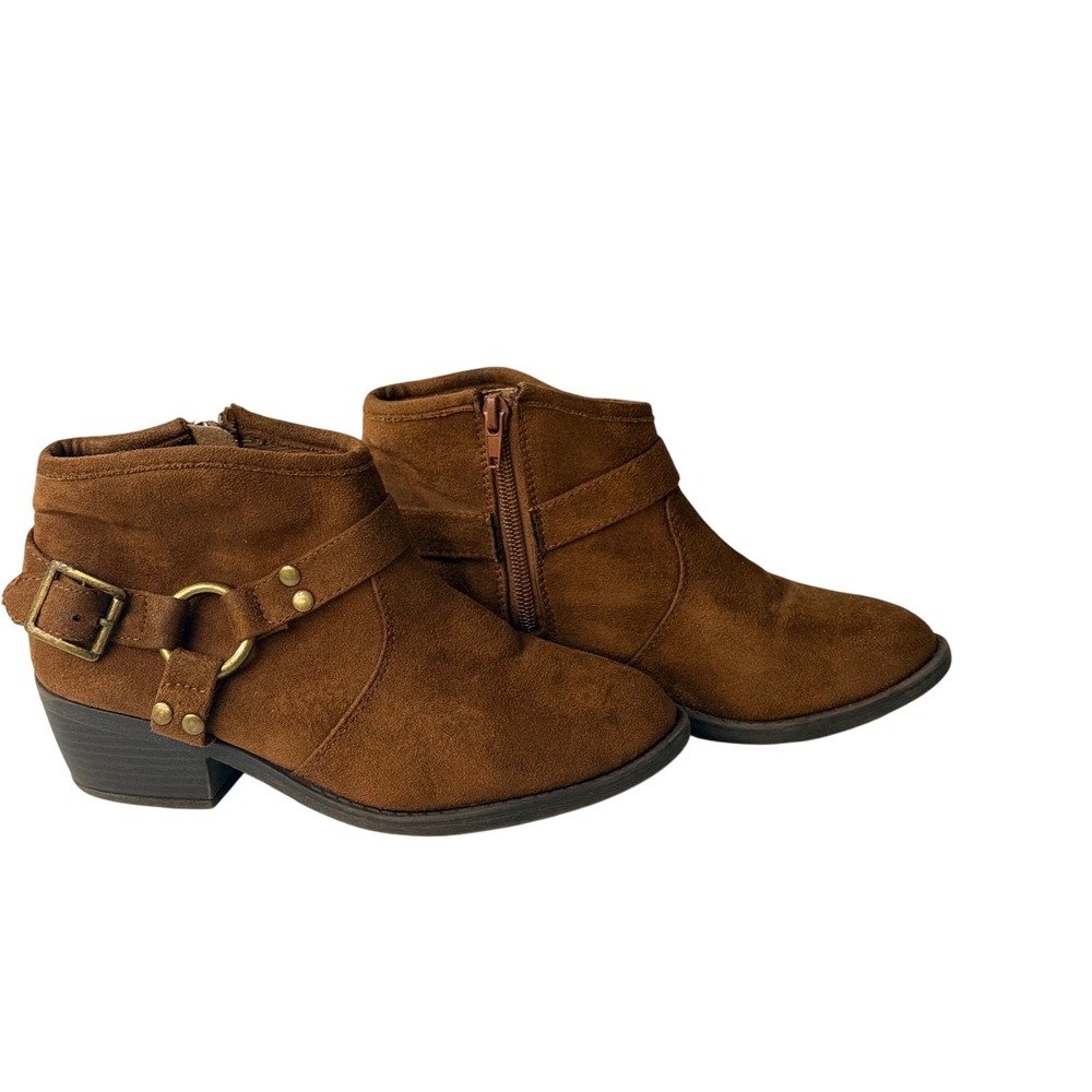 Soda Womens Cognac Faux Suede Harness Ankle Boots Buckle Zip Block Sz 6.5